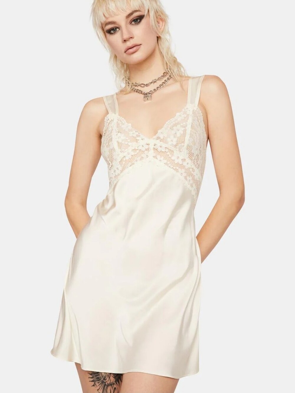 Lioness Bel Air Cream Lace Trim Satin Mini Dress